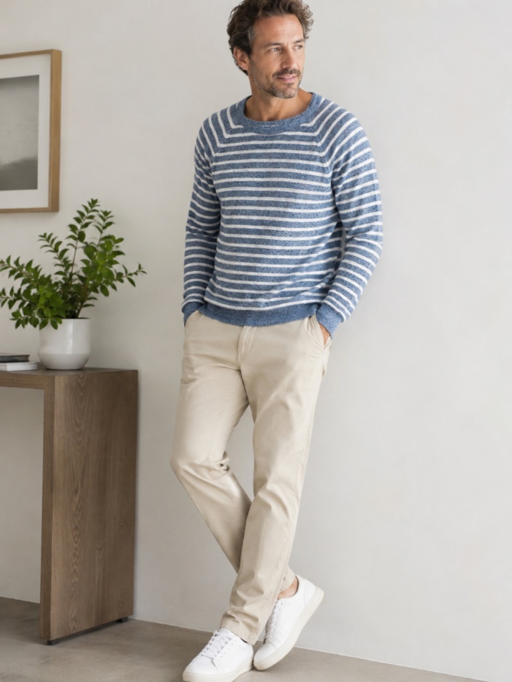 J.Crew Men's Blue White Stripe Linen Cotton Crewneck Sweater XXL AX849